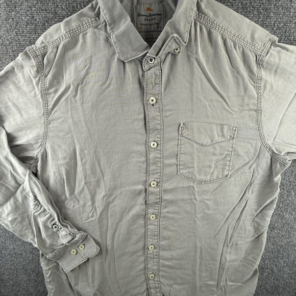 Tommy Bahama Tencel Cotton Button-Down Gray Large Beach Mens Shirt Pocket Adult - Picture 1 of 14
